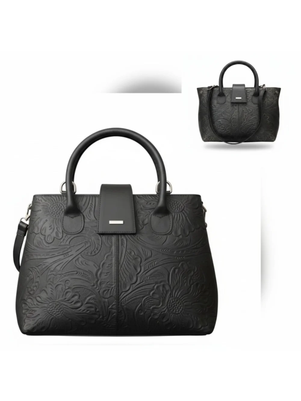 Black Floral Embossed Tooled Artisan LEATHER Hobo Bag Purse Crossbody - Picture 2 of 16